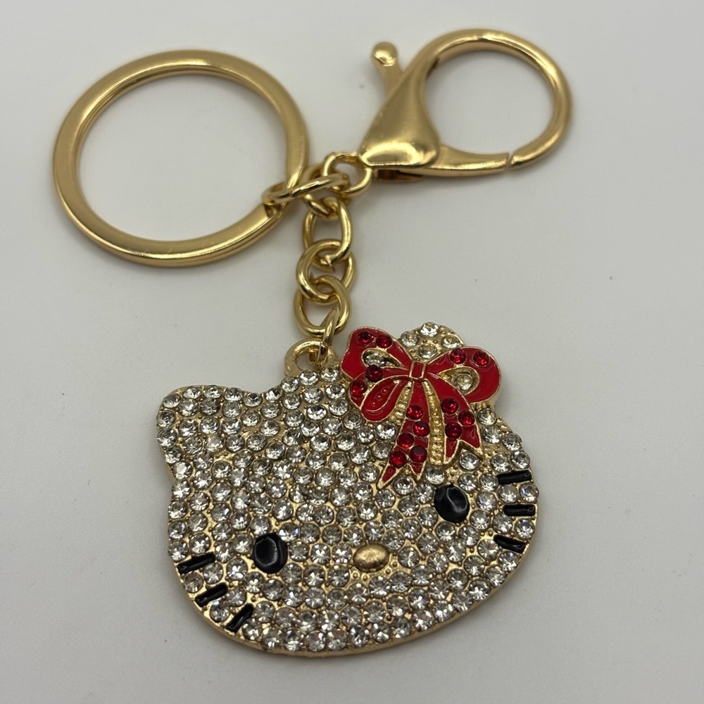 Hello Kitty Crystal Gold tone Bag charm Keychain red